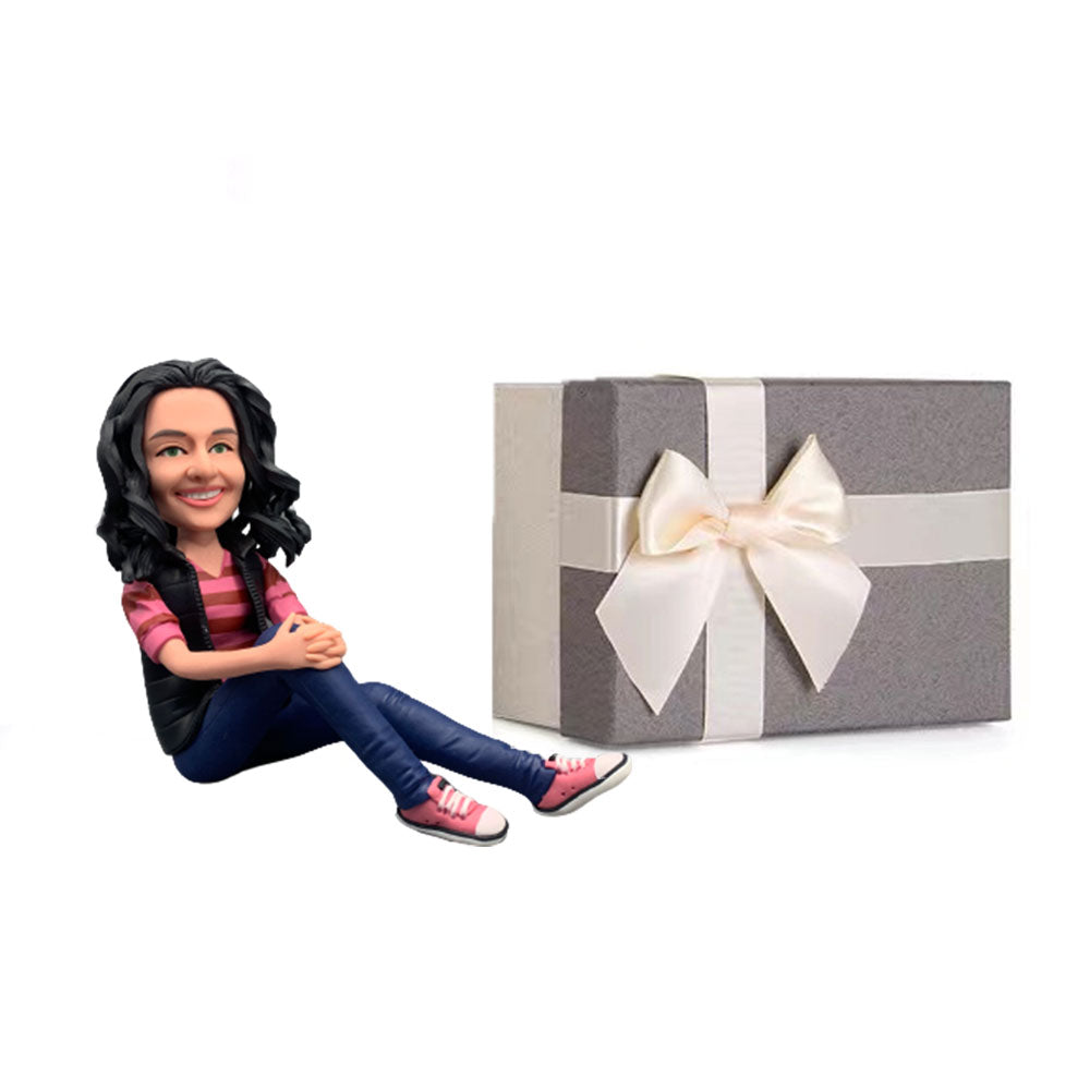 Mother in Grey Dress Custom Bobblehead with Engraved Text