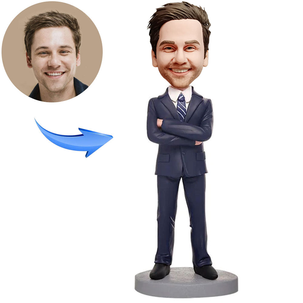 Custom Bobblehead Blue Suit Businessman with Engraved Text