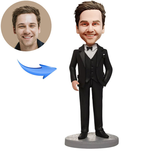 Custom Bobblehead Business Male Wearing A Black Suit With Engraved Text