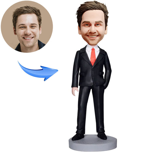 Custom Bobblehead Male Executive In Red Tie With Engraved Text