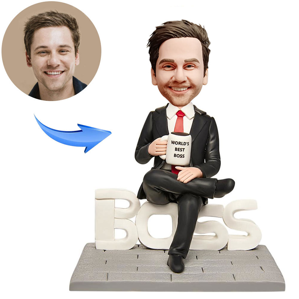 Custom Bobblehead of a Dominating Male Boss with 'WORLD'S BEST BOSS' Engraved Text