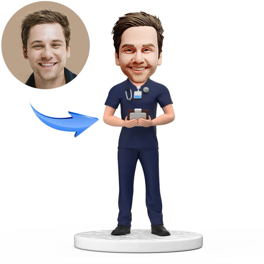 Custom Male Doctor Bobblehead in Dark Blue Scrubs with Engraved Text National Doctor's Day Gift