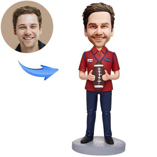 Custom Bobblehead Rugby Player in Red Suit with Engraved Text