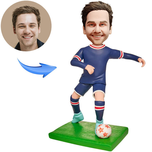 Custom Bobblehead Soccer Player Blue Uniform Engraved with Text