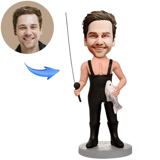Custom Bobblehead Man Carrying Two Small Fish With Engraved Text