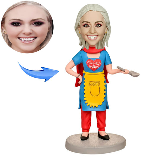 Mother in Blue Dress Custom Bobblehead with Engraved Text