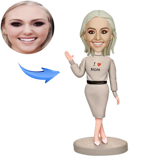 Mother in Grey Dress Custom Bobblehead with Engraved Text
