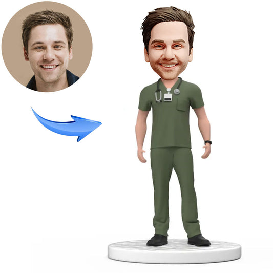 Custom Male Doctor Bobblehead in Green Scrubs with Engraved Text National Doctor's Day Gift